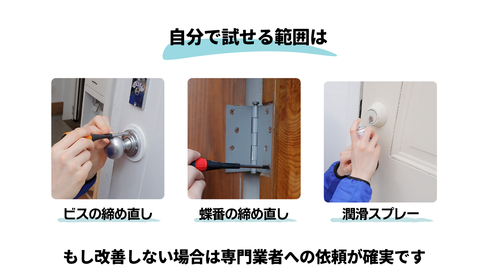ドアを開けたまま蝶番のビスを締め直す作業