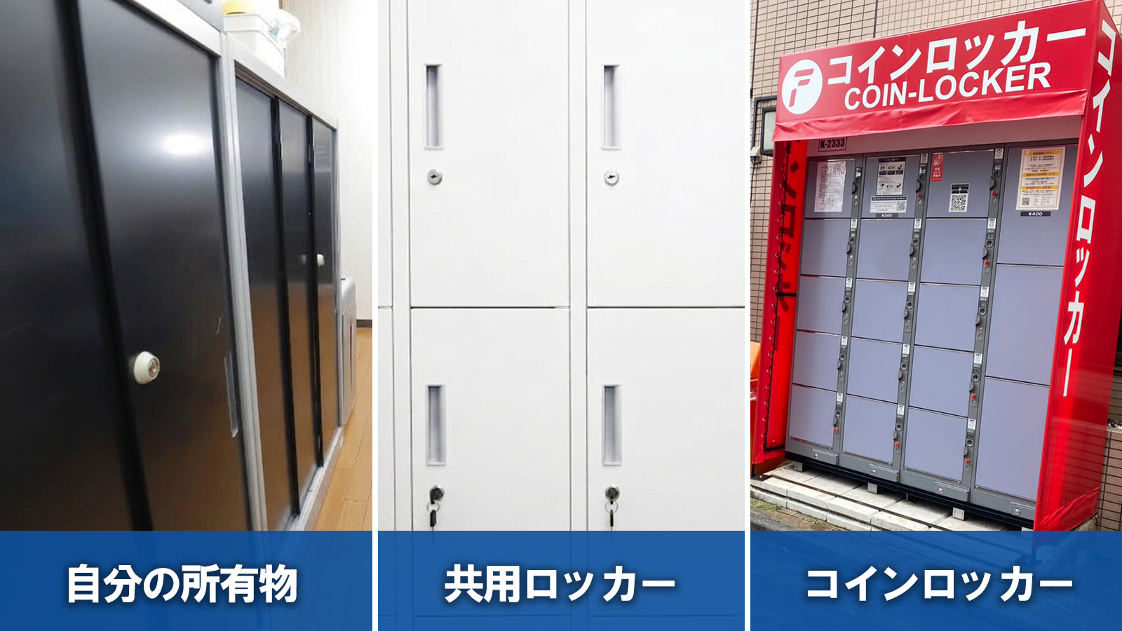 「自分の所有物」「学校・職場の共用ロッカー」「コインロッカー」の3パターン